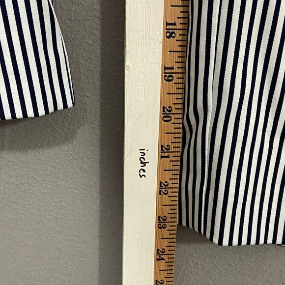 CHICOS Navy Blue White Pinstripe Cropped Stretch Poly Sailor Pants - Picture 5 of 8